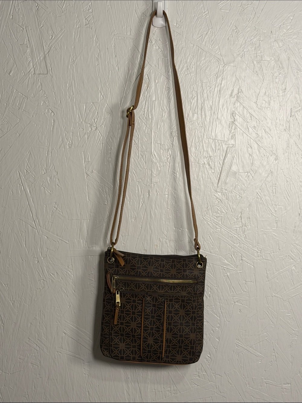 Brown Patterned Crossbody Bag with Tan Adjustable Strap